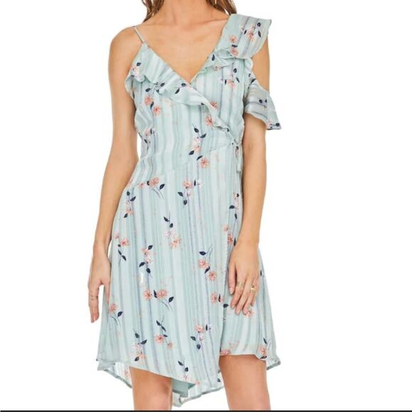 ASTR the label Women's Josie One Cold Shoulder Ruffle Floral Satin Wrap Dress - Picture 1 of 11